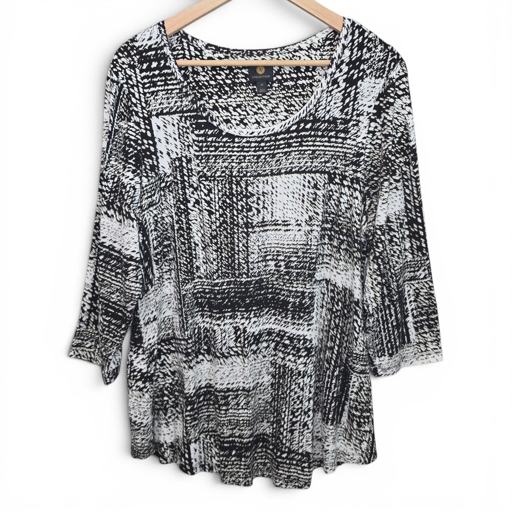 JM Collection Top Womens Plus 2X Black Scoop Neck Tunic Stretch Printed‎ Casual